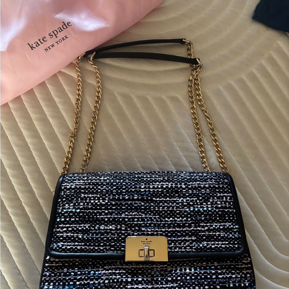 Kate Spade Black and Blue Tweed Shoulder Bag with Gold Chain